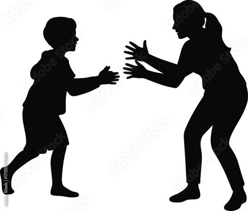 Black silhouette of adult and child interacting, communication, guidance, parenting, family relationship, teaching, support, care, isolated vector illustration design