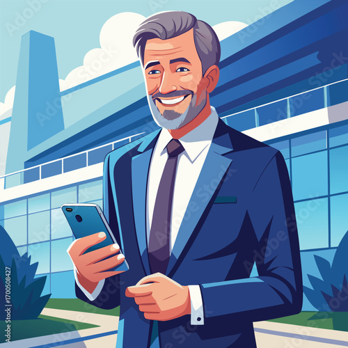 Confident Businessman Holding Smartphone in Modern Setting confident businessman holding