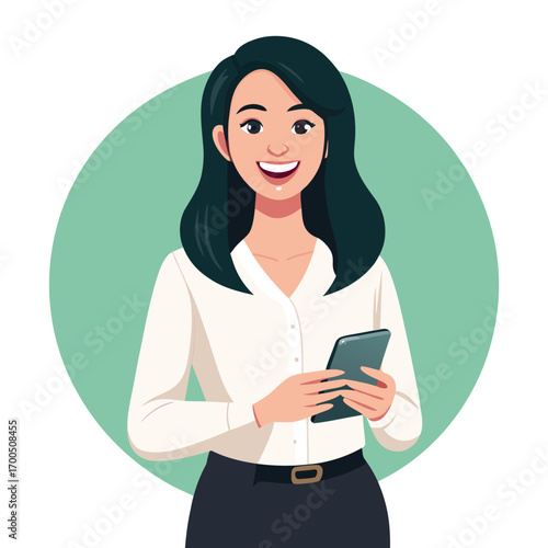 Cheerful Woman Holding Smartphone in Modern Office cheerful woman holding