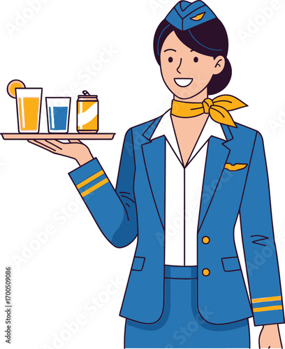 Smiling flight attendant in uniform serving drinks on a tray. A vector illustration of a professional airline stewardess providing service