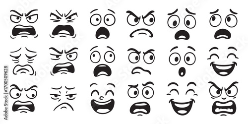 Hand drawn cartoon face expressions set featuring happy, sad, angry, surprised, and funny emotions in a bold comic style, isolated on white background vector illustration