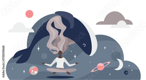 Person meditating with cosmic elements, giant whale, dreamy clouds, and planets symbolizing peace, mindfulness, and imagination for wellness, relaxation, and creativity vector illustration
