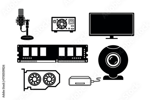 Black silhouette icons of computer components and audio equipment technology hardware