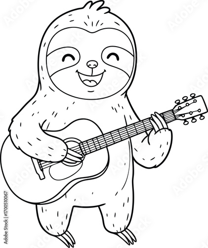 Cheerful cartoon sloth playing an acoustic guitar in a cute simple black and white style