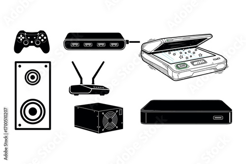 Black silhouette icons of computer peripherals and gaming devices technology electronic