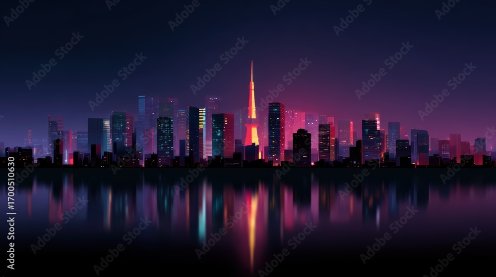 Fototapeta premium Tokyo cityscape illustration, neon lights, futuristic minimal layout