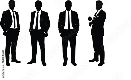 "Professional business men silhouettes in formal suits standing in various poses, corporate attire vector illustration for office and career concepts"VWeb