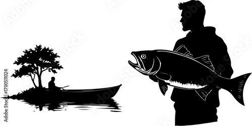 Fisherman Holding Up Big Catch Lake Silhouette