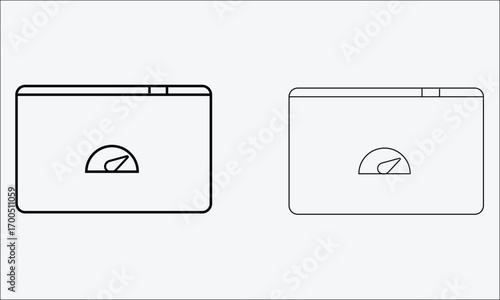 Two black line art browser windows showing a speedometer icon interface internet
