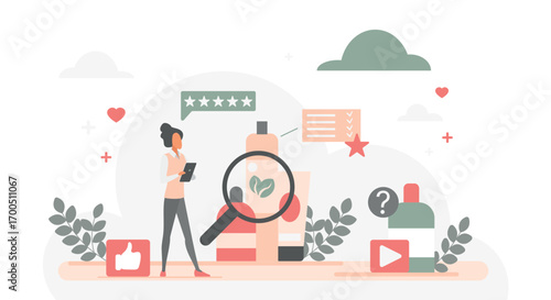 Consumer analyzing product quality with magnifying glass, rating stars, feedback icons, and natural ingredients for online shopping and review research isolated on white background vector illustration
