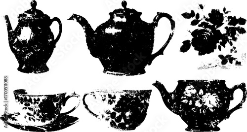 Vintage teapot and cup set. Engraved line drawing of floral design, elegant black and white vector illustration with intricate detailing.