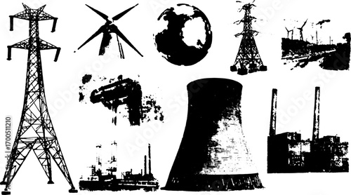 Energy and electricity industry illustrations, featuring power towers, windmills, and factories. Vector illustrations in black and white set.
