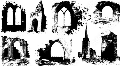 Engravings of vintage architecture, highlighting gothic windows and ruins in black and white. This set features detailed illustrations in vector format.