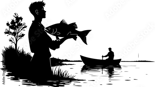 Fisherman Holding Up Big Catch Lake Silhouette