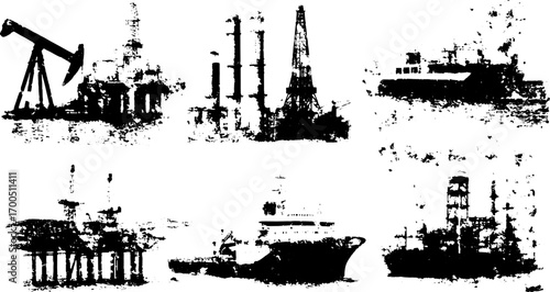 Oil drilling platforms in vintage line drawing style. Black and white vector illustration depicting a set of marine industry and shipping equipment.