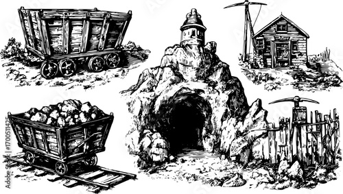 Vintage mining illustration set featuring carts, a tunnel, and equipment in detailed line drawing. Black and white vector set showcasing historical mining scenes.