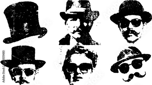 Engravings of men in vintage hats and sunglasses. Black and white vector illustration set featuring classic designs.