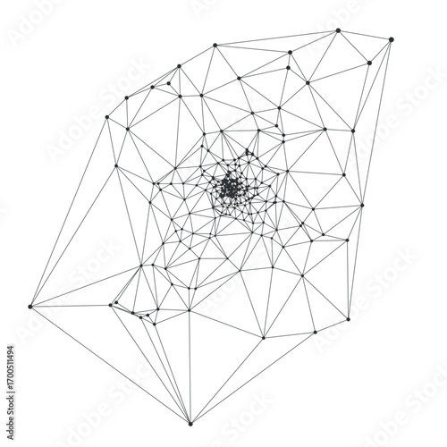 Abstract geometric mesh with interconnected lines and nodes forming a spiked explosion effect ideal for technology backgrounds, science visuals, or digital concepts vector illustration
