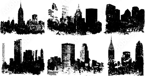 Skyline of a city illustrated in vintage line drawing style. An urban silhouette of buildings and skyscrapers in black and white vector illustration.