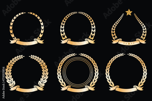 Golden award wreath, laurel crown, victory badge, champion frame, honor emblem, achievement circle, premium design, decorative ribbon  vector illustration.