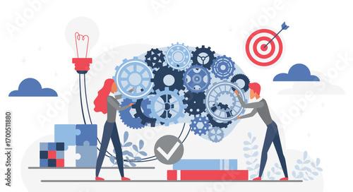 Business people collaborating to generate ideas with gears forming a brain symbolizing teamwork, innovation, and creative thinking for problem solving isolated on white background vector illustration