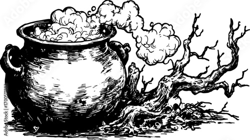 Vintage cauldron with steam illustrated in line drawing style. Black and white engraving with a twisted branch and roots, suitable for vector illustration.