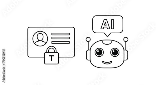 Vector illustration of icons of a secure id card with a lock and a friendly ai robot with ai speech bubble