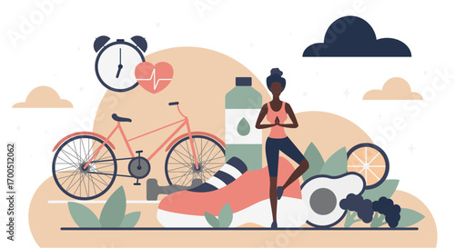 Balanced living concept showing exercise, nutritious food, hydration, and wellness activities for promoting health and fitness goals isolated on white background vector illustration