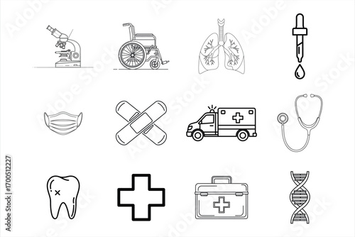 Medical and science icons including microscope lungs ambulance and D N A wheelchair lungs anatomy