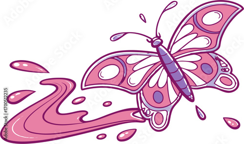 A whimsical illustration of a pink and purple butterfly emerging from a flowing splash of liquid on a white background.