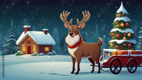 A Cheerful Reindeer's Snowy Christmas Eve Delivery by a Cozy Forest Cabin