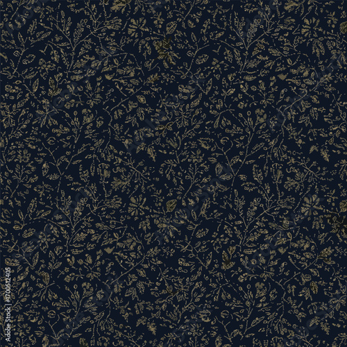 Delicate floral pattern with intricate details on a dark navy background, seamless pattern, Stock royalty free image.