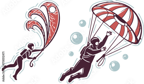 Two illustrations depicting individuals engaged in the activities of kitesurfing and skydiving.