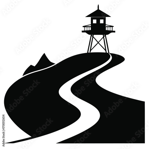 Black Silhouette Image of a Watchtower on a Hill with Winding Path