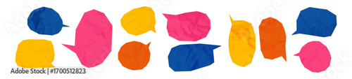 Colored speech bubbles cut out of crumpled paper elements set. Dotted modern retro urban magazine style pop art dialogue balloons. Social media clip art, vector illustration for mixed media design