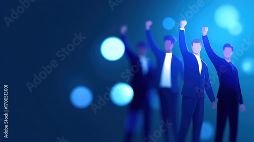 Teamwork and business success illustration, flat design, glowing digital abstract futuristic background