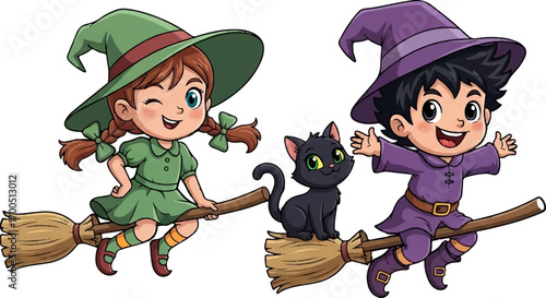 Cute Halloween Witches Flying on Broomsticks with Black Cat