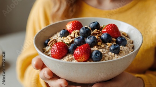 A Comforting Start: Woman Holding a Warm Oatmeal Bowl with Fresh Berries and Nuts