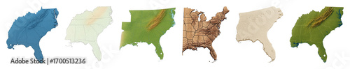 Southeastern United States map set including blue, contour, terrain, and sepia versions isolated. Geography and topography collection.