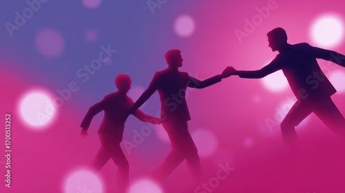 Business teamwork and success illustration, flat design, glowing abstract digital background