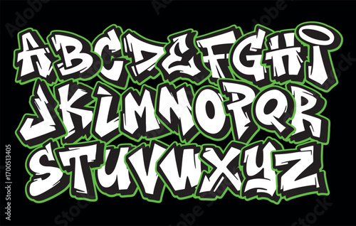 Street alphabet in hip hop graffiti style, hand drawn. Youthful urban atmosphere. Vector graffiti alphabet on black background