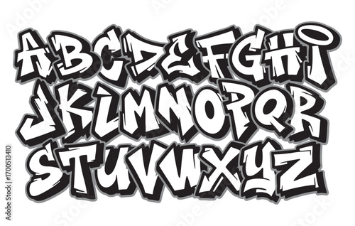 Street alphabet in hip hop graffiti style, hand drawn. Youthful urban atmosphere. Vector graffiti alphabet on white background