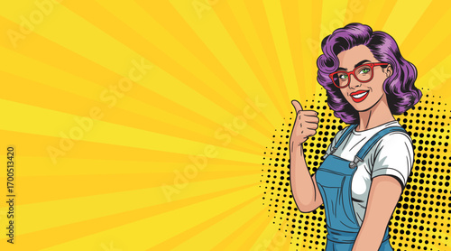 Young woman in pop art style points to your advertising space. On yellow background. Vector pop art style.