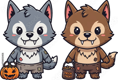 Cute Cartoon Werewolf Kids with Halloween Trick or Treat Buckets