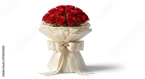 A beautiful bouquet of red roses, elegantly wrapped in white paper and tied with a satin ribbon.