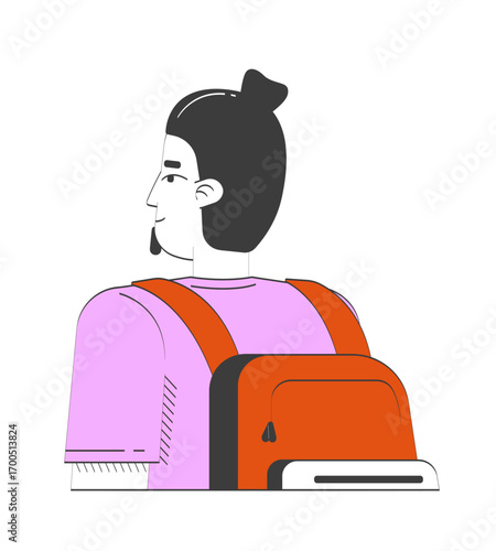European traveler man with backpack from behind 2D doodle character. Modern travel, student life. Everyday commuting cartoon person vector drawing isolated on white. Hand drawn illustration colorful