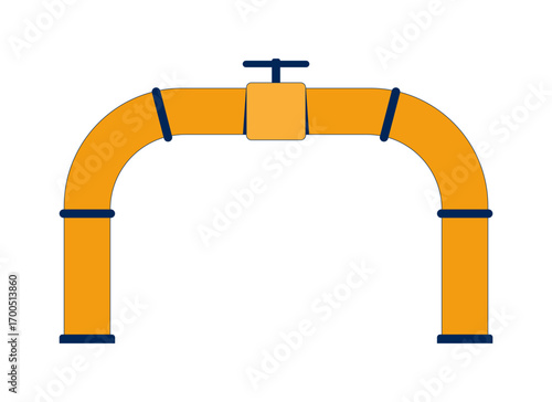 Industrial gas pipeline with control valve 2D cartoon object. Pipe flow regulation. Oil transport. Petroleum line. Mechanical joint isolated element flat vector clip art on white. Spot illustration