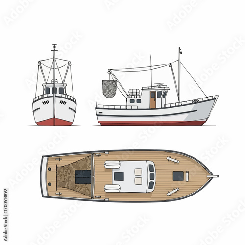 Fishing Boat Illustrations: Front, Side, and Top Views of a Fishing Vessel