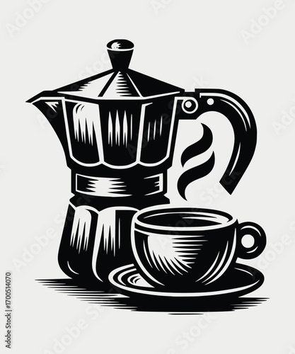 Black coffee maker and cup with steam espresso
