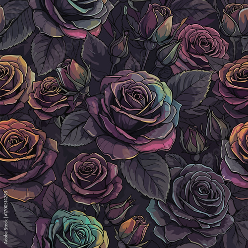 Dark floral vector pattern of roses with vibrant accents for dramatic designs, patern seamless, Stock royalty.